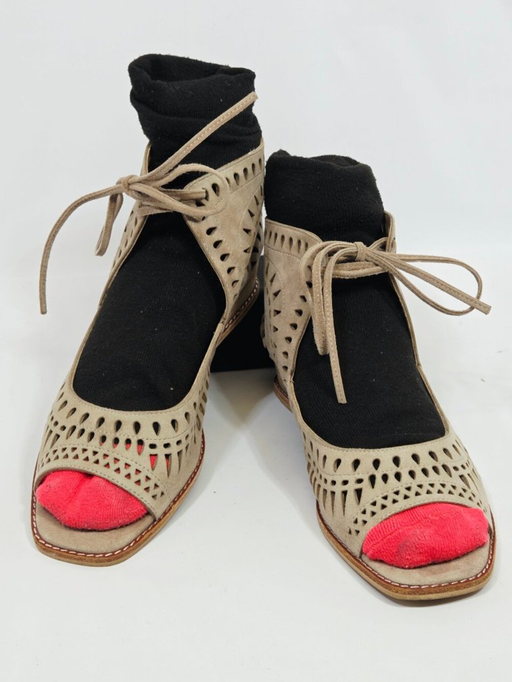 Van Eli Taupe Laser Cut Peep Toe Wedge Bootie Sandals Lace Up Womens 9N